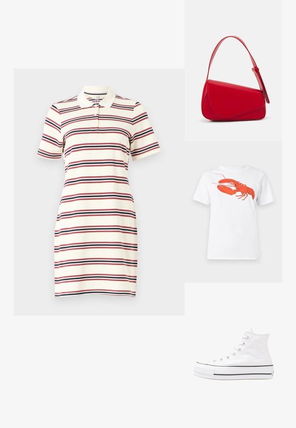 A polo ruha krém alappal rendelkezik, ami vízszintes csíkokkal van díszítve piros, tengerészkék és fehér színekben. Gallérral, rövid ujjú és karcsúsított fazonnal készült.; Fehér pamut póló, amelyen elöl egy nagy, élénkpiros homár grafika látható. Rövid ujjú és standard környakú kialakítás.; Fehér magaskorsó vászon sportcipő fekete gumi talppal, elülső gumi orrnyereggel és hat fűzőlyukkal, letisztult, minimalista dizájnnal.; Piros bőr kézitáska szögletes, geometrikus kialakítással. Egy állítható pánttal és varrott részletekkel ellátott fedélzárral rendelkezik.