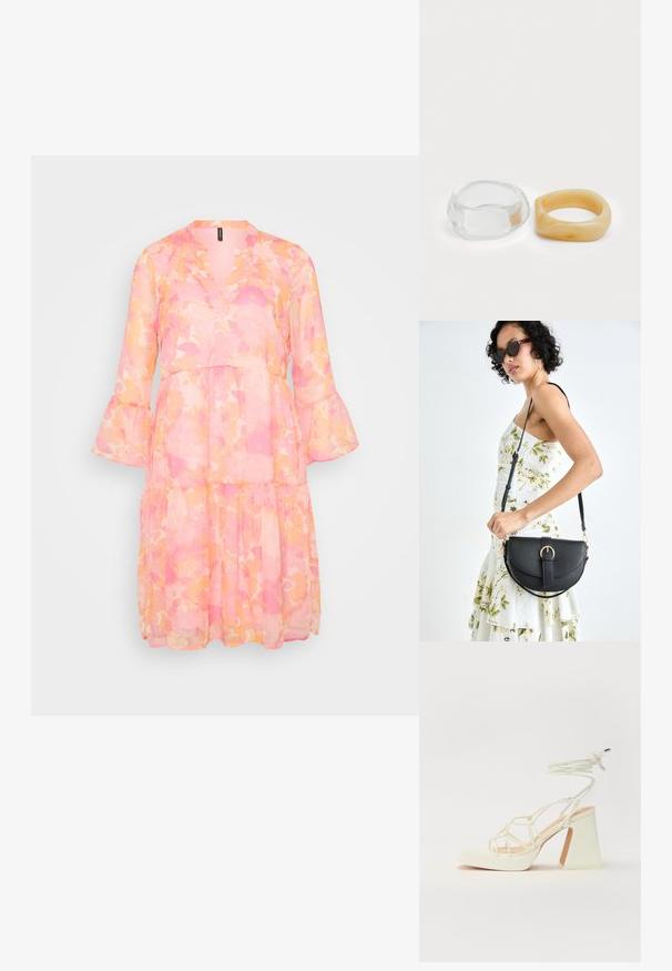 Vestido leve, em camadas, com decote em V e mangas estilo sino. Apresenta um padrão semelhante a aquarela em tons de rosa e laranja.; Sandálias brancas de salto alto com um salto robusto, apresentando um design com tiras e amarração no tornozelo. Textura suave com uma plataforma na frente para altura adicional.; Bolsa de couro preta com forma curva, alça destacável e detalhes em dourado. A bolsa possui uma aba com detalhe de fivela.; Anéis de resina clara e âmbar, um liso e transparente, o outro com um acabamento texturizado em âmbar. Ambos apresentam designs arredondados e robustos.