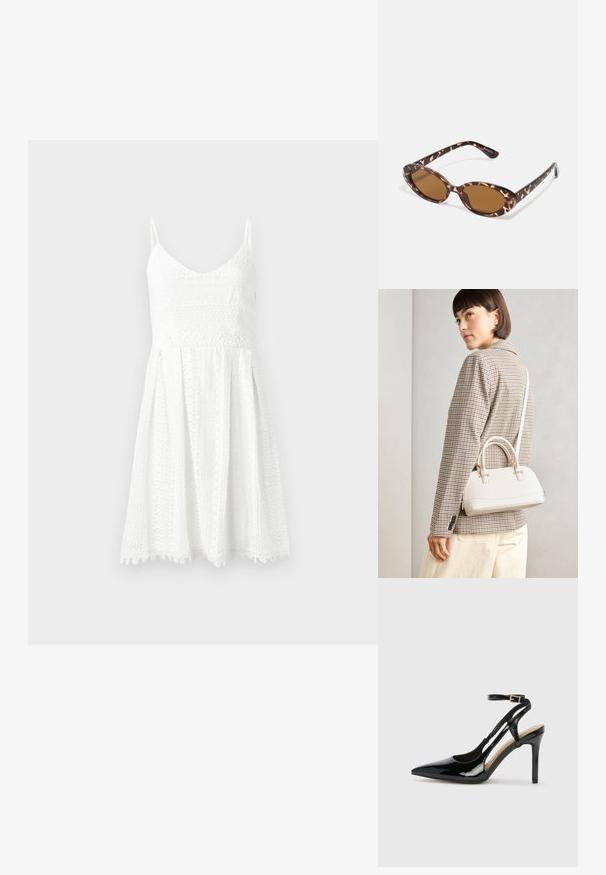 Robe en dentelle blanche avec un corsage ajusté et une jupe évasée. Présente des bretelles fines, un décolleté en V et des motifs floraux délicats.; Escarpin en cuir verni noir à talon haut, avec un bout pointu, une bride réglable à la cheville et des côtés ouverts. Texture lisse.; Lunettes de soleil en écaille de tortue avec des verres ovales, teintés de marron, branches fines avec un motif texturé, monture en plastique légère.; Sac à main structuré blanc avec de courtes poignées et une bandoulière, doté de accents en métal doré et d'un matériau texturé, présenté sur un fond gris.