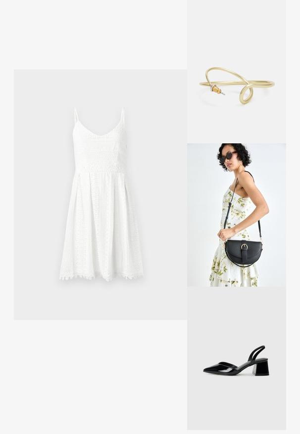 Balta nėriniuota suknelė su prigludusia liemene ir išsiplėtusiu sijonu. Yra plonos petnešėlės, V formos iškirptė ir sudėtingi gėlių raštai.; Juodos lakuotos odinės šlepetės su smailiu pirštu ir geometriniu bloko kulnu. Turi elegantišką, minimalistinį dizainą ir lygų paviršių.; Juodas odinis krepšys su išlenkta forma, nuimamu dirželiu ir auksiniais detalėmis. Krepšys turi kilpą su sagtimi.; Auksinės spalvos metalinė apyrankė su skysčiu, kreipiančiu dizainu. Viename gale yra mažas, išsiskiriantis, sidabrinės spalvos akcentas.