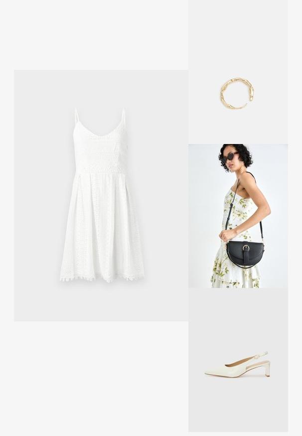Vit spetsklänning med figursydd överdel och utställd kjol. Har tunna axelband, V-ringning och intrikata blommönster.; Vit patentläder slingback-sko med spetsig tå och låg blockklack. Har en diskret rem med detalj i guldton.; Svart läderhandväska med en böjd form, avtagbar rem och guldiga detaljer. Väskan har ett lock med en spänndetalj.; Ring i guldutförande med en organisk, vriden design, slät yta och avsmalnande ändar, vilket ger ett modernt, skulpturalt utseende.