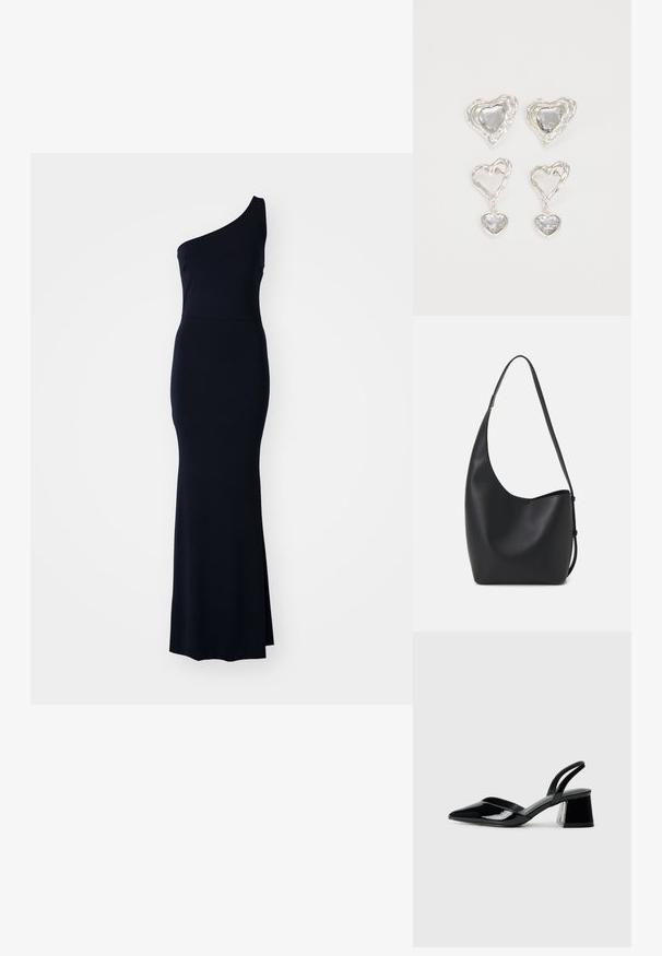 Viena pleca, tumši zila vakara kleita ar elegantu, piegulošu dizainu. Iezīmēta ar sānu šķēlumu un gludu, elastīgu audumu.; Melna lakota āda ar atvērto papēdi, ar smailu purngalu un ģeometrisku blokpapēdi. Iezīmējas elegants, minimāls dizains un gluda tekstūra.; Melnas ādas hobo soma ar gludu tekstūru, izliekta forma un vienu regulējamu jostu; augšā ir plaša atvere.; Sudraba sirds formas auskari ir rotāti ar daudzšķautņainiem caurspīdīgiem akmeņiem un ar teksturētu rāmi. Komplektā iekļauti gan pērlīšu, gan pilienu stili.