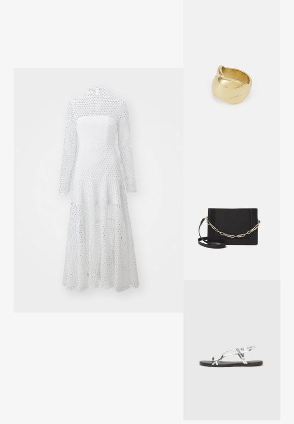 Rochie albă cu mâneci lungi și guler înalt, confecționată dintr-un material cu model din dantelă circulară, având un tiv fluid și în trepte.; Sandale metalice argintii cu un design minimal, având curele subțiri și o talpă plată neagră. Printre elementele de atracție se numără accentele cu curele încrucișate.; Geantă de umăr din piele neagră, cu o textură netedă, formă rectangulară și un detaliu din lanț metalic în față. Include curea reglabilă.; Iarba de aur cu un design neted, răsucit. Prezintă o suprafață lustruită și marginile rotunjite, creând o formă fluidă, continuă.