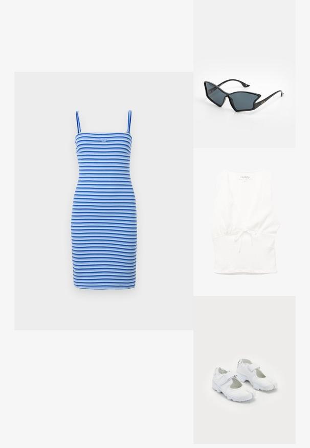 Šaty bodycon s popruhy v střídajících se modrých a světle modrých pruzích, vyrobené z ribbed látky, s upnutým střihem a detailem loga na hrudi.; Bílé bezramenné tričko s výstřihem do V, strukturovaná látka a zavázaný pas. Hladký lem a ležérní design, vhodný pro teplé počasí.; Bílé sportovní boty s texturovaným svrškem, nastavitelným suchým zipem, zakulacenou špičkou a mohutnou podešví s výrazným vzorkem.; Černé plastové sluneční brýle s geometrickým tvarem kočičích očí, šedými skly a zlatými akcenty na nožičkách. Hladký povrch celé obroučky.