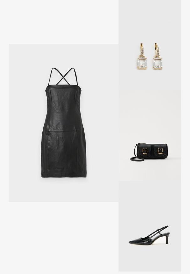 Μαύρο δερμάτινο φόρεμα με εφαρμοστή σιλουέτα, λεπτές σταυρωτές τιράντες και χωρίς ορατούς κλεισίματα ή σχέδια. Λείος υφος, μινιμαλιστικός σχεδιασμός.; Μαύρη πατέντα σλινγκμπάκ γόβα με μυτερή μύτη, διαθέτει υφή από φίδι, ρυθμιζόμενο λουρί και κοντή, υφή τετράγωνη φτέρνα.; Μαύρη δερμάτινη τσάντα ώμου με δύο μπροστινές τσέπες, χρυσά κούμπωματα, κλείσιμο με φερμουάρ και λεπτό λουρί. Υφή επιφάνειας και κομψό ορθογώνιο σχήμα.; Χρυσά σκουλαρίκια με ορθογώνιο, καθαρό κρύσταλλο που κρέμεται κάτω από μια σειρά μικρών, στρογγυλών, καθαρών λεπτομερειών. Λεπτός, σύγχρονος σχεδιασμός.
