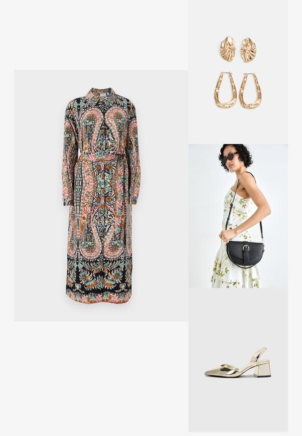 Lang, kragekjole i sort stoff med et levende blomstermotiv og paisley-mønster. Inkluderer et belte og lange ermer med samlete mansjetter.; Gull, metallisk slingback-hæler med spiss tå og chunky hæl. Glatt tekstur, minimalistisk design og en smal stropp.; Svart lærveske med en buet form, avtagbar stropp og gullbeslag. Vesken har et klaff med spenne-detall.; Gullfargede øredobber med teksturerte, bølgete former. Inkluderer skulpturelle klipsstuds og åpen hoop-design med en hamret finish.