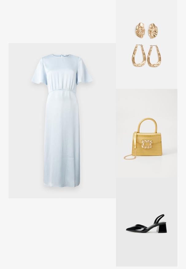 Lys blå kjole med rund utringning, korte fladderermsermer, elastisk midjebånd og en flytende, gulvlengde silhuett. Glatt tekstur.; Svarte patentlær slingback hæler med spiss tå og geometrisk blokk hæl. Har et stilrent, minimalistisk design og jevn tekstur.; Gul faux-krokodille veske med en strukturert design, toppen håndtak, avtagbar kjede stropp, og dekorativ krystallbortsettelse på låsen.; Gullfargede øredobber med teksturerte, bølgete former. Inkluderer skulpturelle klipsstuds og åpen hoop-design med en hamret finish.