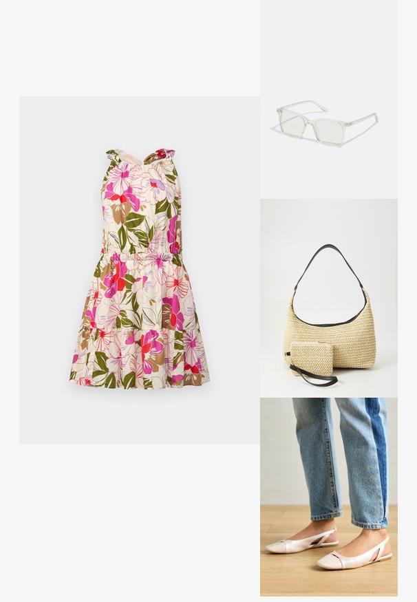 Blomstrete bomulds kjole med pink, rød og grønne mønstre. Har en tætsiddende liv, elastisk talje og lagdelt skør.; Lyserøde slingback flade sko med spidse tær, lavet af et glat læderlignende materiale. Har udskæringsdetaljer på siderne og en flad hæl.; Klare plastiske briller med firkantet ramme og gennemsigtige linser, der har guld accenter på tempelstængerne for ekstra detaljer.; Vævet stråhåndtaske med en buet silhuet, der har en glat sort læderrem og en matching lille pung, der er fastgjort med en håndledsrem.