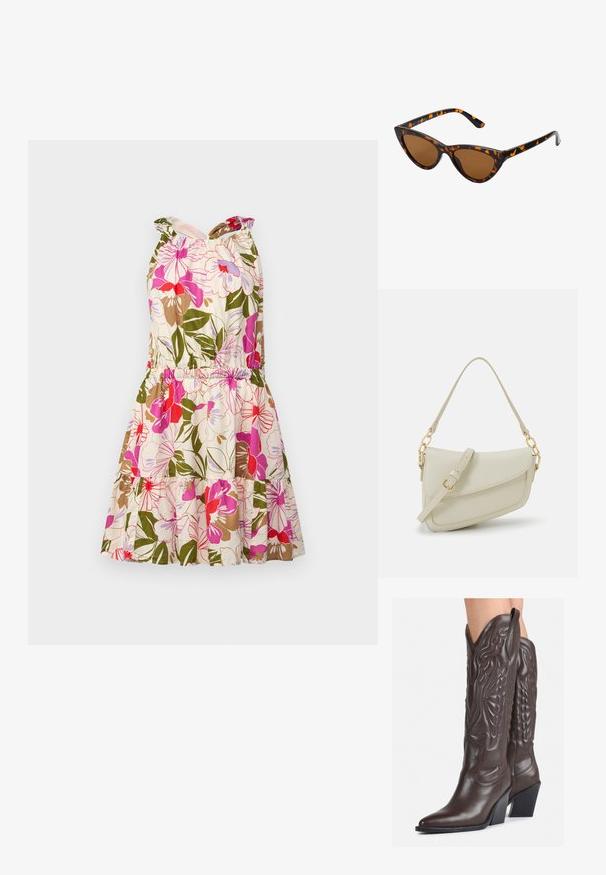 Ziedu kokvilnas kleita ar rozā, sarkaniem un zaļiem rakstiem. Izceļas ar pieguļošu augšdaļu, elastīgu jostasvietu un daudzslāņu svārkiem.; Brūni ādas kovboju zābaki ar norādītu purngalu un blokveida papēdi, ar detalizētu šūšanu un paceltiem akcentiem uz kājas daļas.; Kaķa acs saulesbrilles ar melnu un oranžu bruņurupuču rakstu rāmi, brūnām lēcām un elegantiem, norādītiem galiem. Rāmī ir minimālists logos uz tempļa.; Maza krēmkrāsas rokas soma ar teksturētu apdari, garu regulējamu siksniņu, ķēdes akcentu un vāciņa aizdari. Zelta aparatūras detaļas.