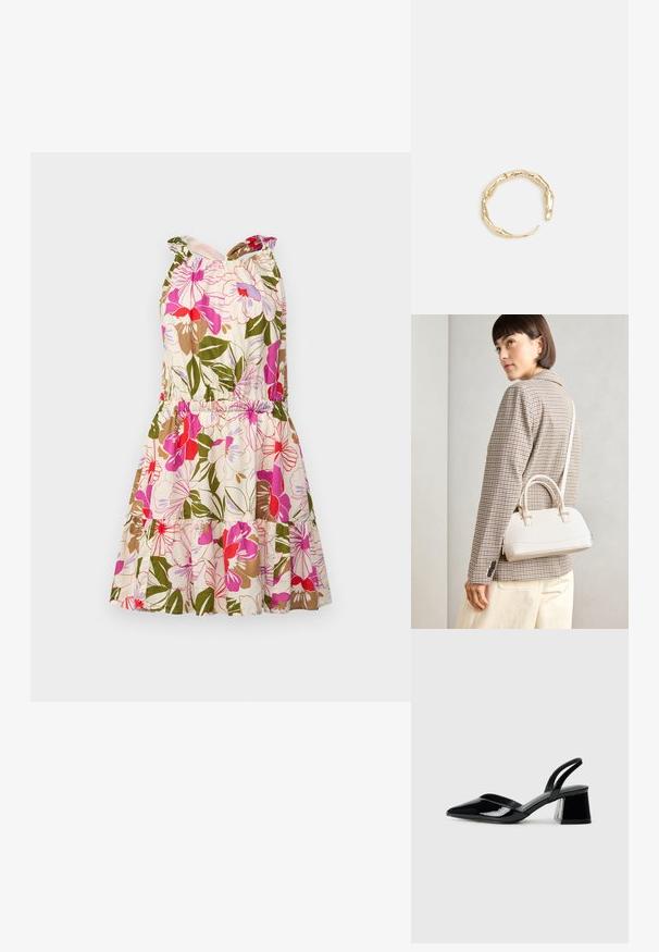 Blumenkleid aus Baumwolle mit rosa, roten und grünen Mustern. Verfügt über ein tailliertes Oberteil, einen elastischen Bund und einen gestuften Rock.; Schwarze Lackleder-Slingback-High Heels mit spitzem Schuh und einem geometrischen Blockabsatz. Verfügt über ein schlankes, minimalistisches Design und eine glatte Textur.; Weiße strukturierte Handtasche mit kurzen Griffen und einem Schultergurt, ausgestattet mit goldfarbenen Hardware-Elementen und strukturiertem Material, vor einem grauen Hintergrund präsentiert.; Goldfarbener Ring mit einem organischen, gedrehten Design, glatter Oberfläche und sich verjüngenden Enden, was ein modernes, skulpturales Erscheinungsbild erzeugt.