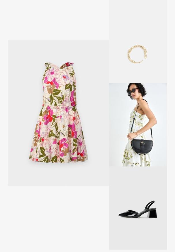 Cvećasta pamučna haljina s uzorcima u ružičastoj, crvenoj i zelenoj boji. Ima uski gornji dio, elastičnu struk i haljinu s naborima.; Crne lakirane kožne sandale s otvorenom petom i špicastim vrhom, s geometrijskom blok petom. Imaju elegantan, minimalistički dizajn i glatku teksturu.; Crna kožna torba s lukovitim oblikom, odvojivim remenom i zlatnim detaljima. Torba ima preklop s kopčom.; Prsten u zlatnoj nijansi s organskim, uvijenim dizajnom, glatkom teksturom i suženim krajevima, koji stvara moderan, skulpturalni izgled.