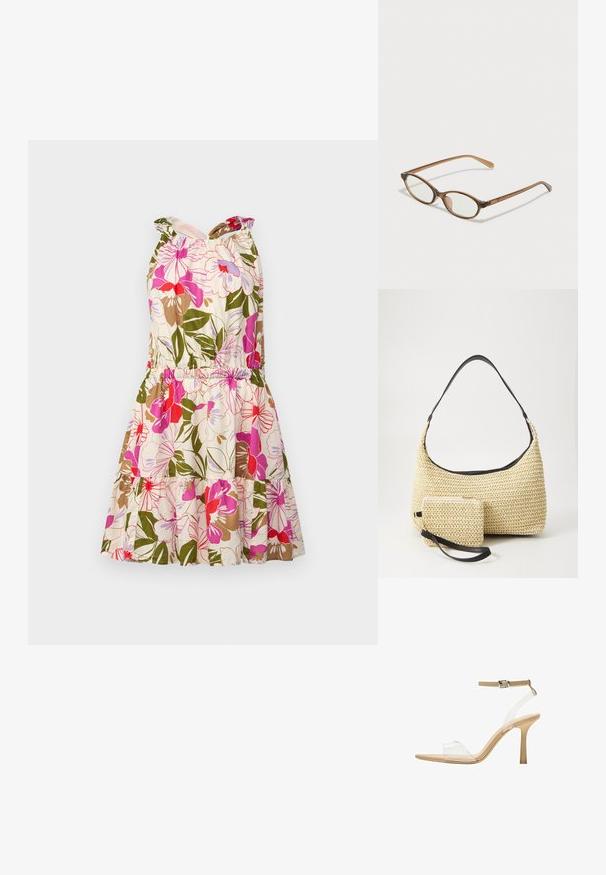 Blomstrete bomulds kjole med pink, rød og grønne mønstre. Har en tætsiddende liv, elastisk talje og lagdelt skør.; Klart hælet sandal med en gennemsigtig overdel, beige fodseng og en slank ankelrem. Har en spids tå og en tynd høj hæl.; Brune skildpaddemønstrede briller med ovale linser, tynde arme og gennemsigtige accenter. Har et diskret logo på stangen. Slankt, let design.; Vævet stråhåndtaske med en buet silhuet, der har en glat sort læderrem og en matching lille pung, der er fastgjort med en håndledsrem.
