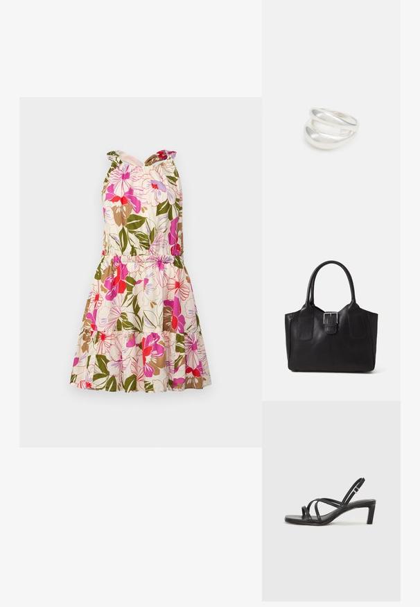 Gėlių medvilnės suknelė su rožinėmis, raudonomis ir žaliosiomis raštais. Yra prigludęs liemuo, elastinga juosmeninė juosta ir pakopinė sijonas.; Juodi šlepetės su kvadratiniu pirštu ir žemu bloku kulnu. Yra keli ploni dirželiai ir reguliuojamas kulkšnies diržas. Pagaminti iš lygios odos.; Juodas odinis nešiojamas krepšys su lygiu paviršiumi, struktūrine forma, dviem rankenėlėmis ir ryškiu sidabriniu sagties akcentu priekyje.; Sidabrinis dvigubas žiedas su lygiu, poliruotu paviršiumi. Pasižymi sklandžiu, kreiptu dizainu su persipinančiomis dalimis, suteikiančiomis modernų išvaizdą.