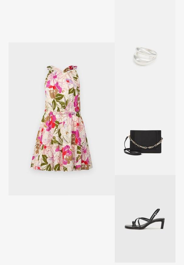 Cvećasta pamučna haljina s uzorcima u ružičastoj, crvenoj i zelenoj boji. Ima uski gornji dio, elastičnu struk i haljinu s naborima.; Crne sandale s trakama, kvadratnim prstom i niskom blok petom. Ima više tankih trakica i podesivu trakicu oko gležnja. Izrađene su od glatke kože.; Crna kožna torba preko tijela s glatkom teksturom, pravokutnim oblikom i metalnim lancem na prednjoj strani. Uključena je podesiva naramenica.; Srebrna dvostruka prsten s glatkom, poliranom površinom. Karakterizira ga fluidan, zakrivljen dizajn s preklapajućim sekcijama za moderan izgled.
