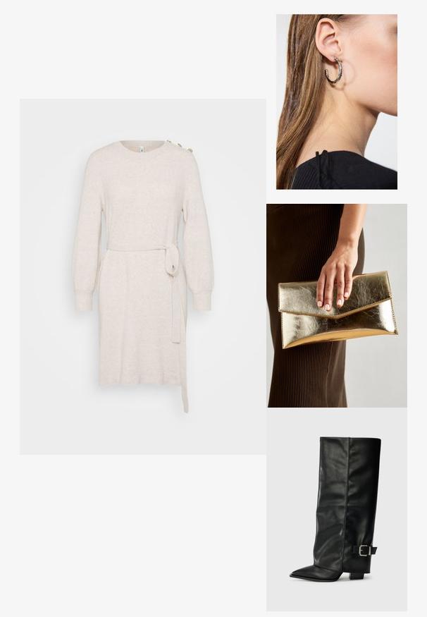 Beige kötött ruha kerek nyakkivágással, hosszú ballon ujjal, derékra kötő zsinórral és oldalsó hasítékkal. Díszzsebekkel rendelkezik a vállakon.; Fekete bőr bokáig érő csizmák hegyes orral, sima felülettel és ezüst csattal az oldalon. Tömbös négyzet alakú sarok.; Arany fémes clutch táska sima textúrával, háromszög alakú csattal. A kéz, amely tartja, szépen manikűrözött körmökkel rendelkezik.; Ez egy ezüst fülbevaló, sima felülettel, amelyen apró arany díszítőelemek találhatók. Kerek formájú és a fülcimpán viselik.