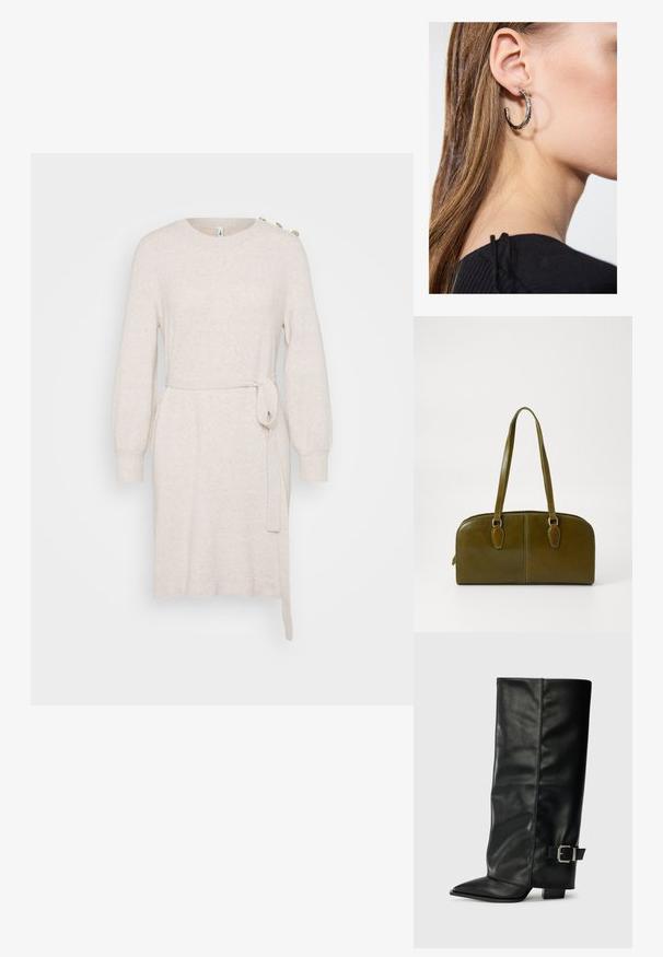 Rochie tricotată bej cu guler rotund, mâneci lungi tip balon, curea la talie și fante laterale. Prezintă nasturi decorativi pe umăr.; Botine din piele neagră, până la gleznă, cu vârf ascuțit, textură netedă și un accent cu cataramă argintie pe lateral. Toc pătrat masiv.; Geantă de mână din piele verde măslinie, cu o formă rotundă, mânere duale și față fără cusături. Are o textură netedă și detalii de cusătură subtile.; Cercel din argint cu un finisaj polișat, având detalii mici din aur și o formă rotundă, purtat pe lobul urechii.