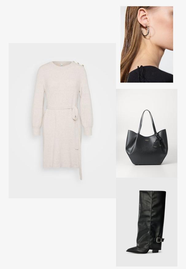 Beige neulemekko, jossa on pyöreä pääntie, pitkät puffihihat, vyötärönauha ja sivuaukko. Olkapäillä koristeelliset napit.; Musta nahkasaappaat nilkkapituudella, teräväkärkiset, sileällä pinnalla ja hopeisella soljella sivussa. Tukeva neliönmallinen korko.; Musta kassi, joka on valmistettu tekstuurisesta synteettisestä materiaalista ja jolla on leveä muotoilu. Kassi on varustettu kahdella kahvalla ja brändätyllä riipuksella.; Hopea renkaankorvakoru kiiltävällä pinnalla, jossa on pieniä kultaisia yksityiskohtia ja pyöreä muoto, käytetty korvalla.