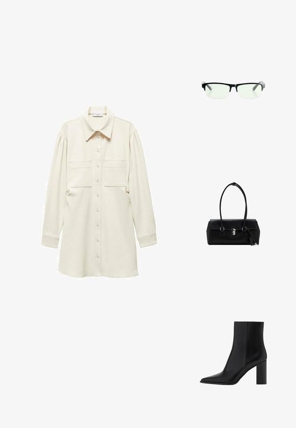 Mango HOBO - Abito a camicia - off-white; Stivale alla caviglia in pelle nera con punta affilata, tacco quadrato, texture liscia e dettagli di cucitura lungo le cuciture. I tacchi misurano circa 3,5 pollici.; Occhiali da vista rettangolari neri con lenti trasparenti, dotati di montatura nera elegante e punte delle tempie grigie trasparenti. Design minimalista, senza marchi visibili.; Borsa a mano in pelle nera con una texture liscia, design strutturato, doppi manici e un dettaglio clasp in argento al centro.