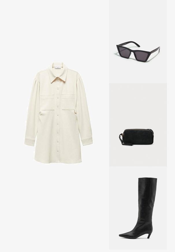 Mango HOBO - Košilové šaty - off-white; RAID FLAURA - Vysoká obuv - black; Černé, ostré sluneční brýle s šedými skly; vyrobené z plastu, s mohutnými rameny a hladkým povrchem bez viditelného hardwaru.; Černá semišová kabelka na ruku se zipovým uzávěrem a odnímatelným zápěstním řemínkem. Vybaveno zlatými kovovými detaily a hladkým, matným povrchem.