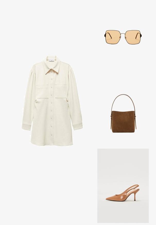 Mango HOBO mleczny; Sandały na obcasie z kwadratowym noskiem, wykonane z gładkiego, błyszczącego materiału w kolorze brązowym. Charakteryzują się zaokrąglonym wycięciem i smukłym obcasem typu stiletto. Detal w postaci srebrnej klamry.; Kwadratowe okulary przeciwsłoneczne z brązowymi soczewkami i cienką, czarną metalową oprawą. Posiadają skośne zauszniki i regulowane noski dla większego komfortu.; Mango - Torebka