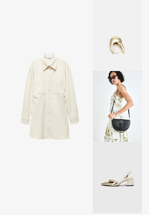 Mango HOBO - Skjortklänning - off-white; Guld, metalliska slingback-klackar med spetsig tå och chunky klack. Slät textur, minimalistisk design och en smal rem.; Svart läderhandväska med en böjd form, avtagbar rem och guldiga detaljer. Väskan har ett lock med en spänndetalj.; Örhänge i guldtonad metall med en elegant, böjd design. Har en distinkt spetsig form, polerad yta och gångjärnslås.