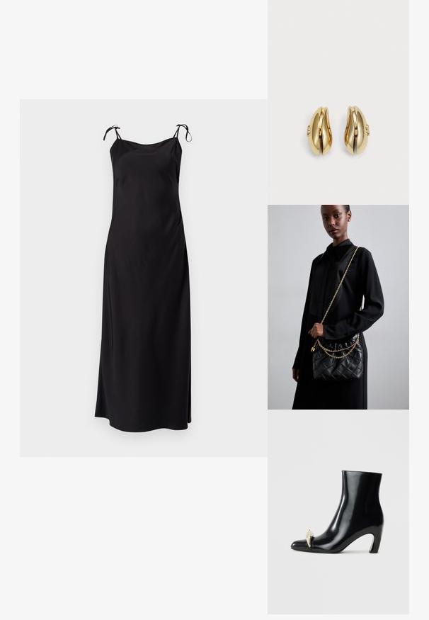 Fekete midi ruha vékony, állítható pántokkal, sima anyagból, egyenes vonalvezetésű, oldalsó hasítékkal a kényelmes mozgás érdekében. Nincs észlelhető minta.; Fekete bokacsizma fényes bőrből, hegyes orral és díszes arany- és ezüstszínű részlettel az elején. Tömör sarok kialakítás.; Fekete steppelt bőr kézitáska gyűrt toppal, arany lánc vállpánttal és téglalap alakú formával, egyszerű háttér előtt tartva.; Aranyszínű fülbevalók, amelyek áramló, ívelt formájúak. Minden fülbevaló sima felülettel és egy kis kapoccsal rendelkezik, amely dekoratív részletet tartalmaz.