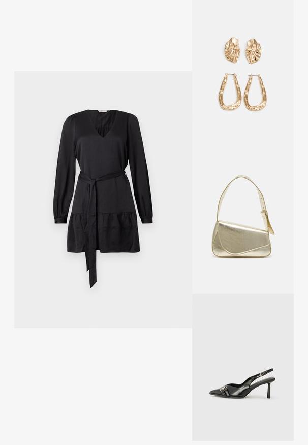 Svart kjole med v-hals, lange ermer og belte med knyting. Har en innsamlet tier ved kanten for ekstra tekstur. Glatt stofffinish.; Sorte patentlær slingback-sko med spiss tå, ankelremmer med sølvspenner og detaljer, og en slank hæl.; Gullfarget metallisk håndveske med en strukturert design, glatt tekstur og justerbar stropp. Har en unik trekantet form og minimalistisk søm.; Gullfargede øredobber med teksturerte, bølgete former. Inkluderer skulpturelle klipsstuds og åpen hoop-design med en hamret finish.