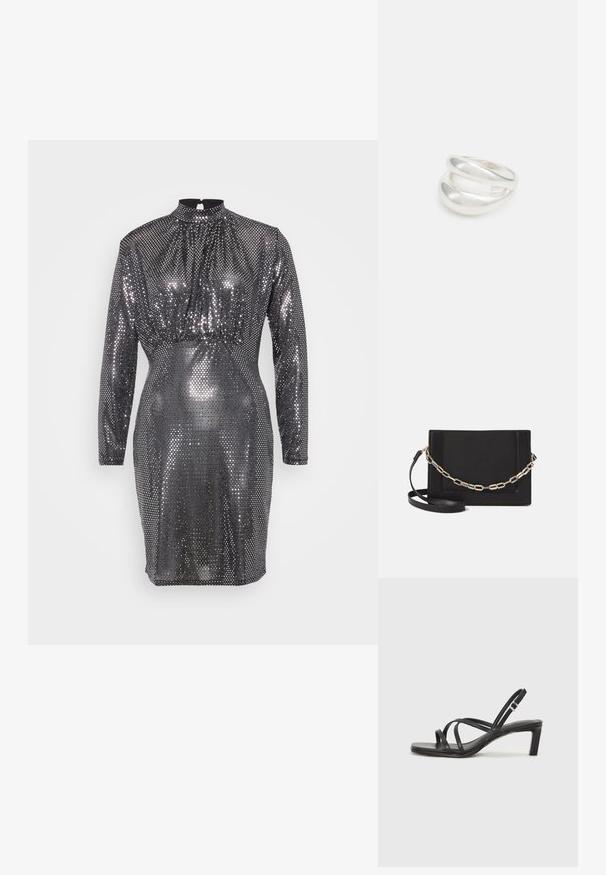 Strieborné šaty s flitrami, dlhými rukávmi, vysokým výstrihom a priliehavým strihom. Obsahujú textúrovaný povrch s lesklými, odrazovými vzormi.; Čierne sandále na vysokom podpätku so štvorcovou špičkou a nízkym blokovým podpätkom. Obsahujú viacero tenkých popruhov a nastaviteľný členkový popruh. Vyrobené z hladkej kože.; Čierna kožená crossbody taška s hladkou textúrou, obdĺžnikovým tvarom a kovovým reťazovým detailom na prednej strane. Súčasťou je nastaviteľný popruh.; Strieborný prsteň s dvojitým pásikom s hladkým, lesklým povrchom. Má plynulý, zakrivený dizajn s prekryvajúcimi sa časťami pre moderný vzhľad.
