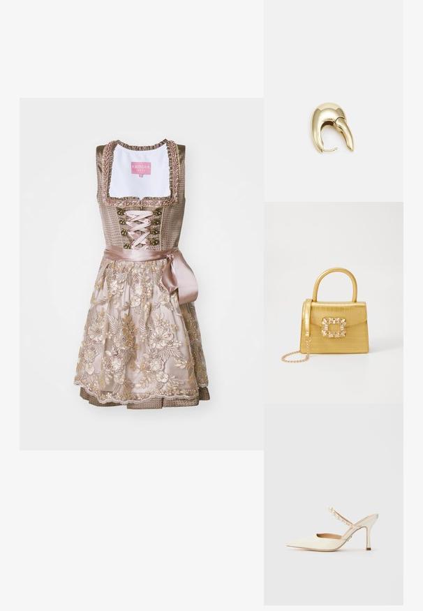Traditional dirndl dress with a fitted bodice in taupe fabric, adorned with floral embroidery. The skirt features a layered design with lace accents.; Steve Madden BRECKI - Heeled mules - ivory; Yellow faux-crocodile handbag with a structured design, top handle, detachable chain strap, and decorative crystal embellishment on the clasp.; Gold-tone metal earring with a sleek, curved design. Features a distinctive pointed shape, polished surface, and hinge closure.