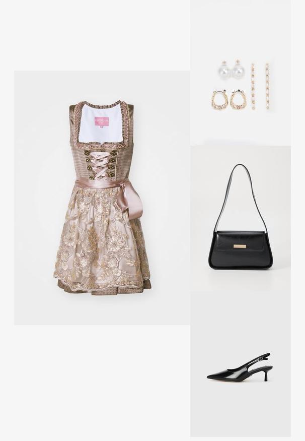 Tradicionāla dirndl kleita ar pieguļošu korpusu taupe krāsā, rotāta ar ziedu izšuvumiem. Apakšdaļai ir slāņota dizaina, ar mežģīņu akcentiem.; Melnas lakotu ādas kurpes ar atvērtu papēdi, ar smailu purngali, plānu papēdi un regulējamu sprādzi. Gluda tekstūra ar minimālu apdari.; Melnas ādas rokassomiņa ar strukturētu trīsstūra formu, šauru siksnu un zelta toņu metāla detaļām, kurām ir logo plāksne priekšējā atloka.; Trīs auskariņu pāri: lieli baltie pērļu auskari, zelta riņķi ar caurspīdīgiem dārgakmeņiem un divi garie, taisnie zelta akcentu auskaru pāri ar spīdīgām detaļām.