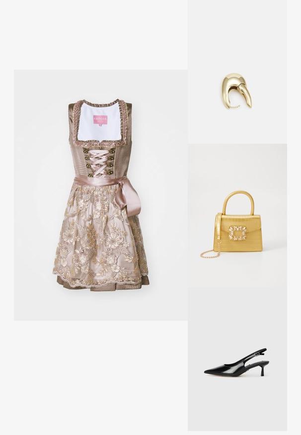 Robes traditionnelles dirndl avec un corsage ajusté en tissu taupe, orné de broderies florales. La jupe présente un design superposé avec des accents en dentelle.; Escarpins à talons slingback en cuir verni noir avec un bout pointu, un talon fin et une sangle réglable. Texture lisse avec un détail minimal.; Sac à main en faux crocodile jaune avec un design structuré, une poignée supérieure, une bandoulière en chaîne amovible, et un ornement cristallin décoratif sur le fermoir.; Boucle d'oreille en métal doré avec un design élégant et courbé. Présente une forme conique distinctive, une surface polie et une fermeture à charnière.