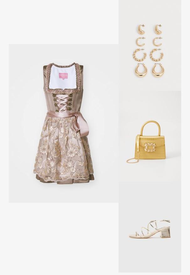 Traditional dirndl dress with a fitted bodice in taupe fabric, adorned with floral embroidery. The skirt features a layered design with lace accents.; Gold metallic strappy sandal with a square block heel and open toe. Features thin straps and a back ankle strap for adjustment.; Yellow faux-crocodile handbag with a structured design, top handle, detachable chain strap, and decorative crystal embellishment on the clasp.; Set of five gold earrings, featuring varying designs: twisted, ridged, and smooth surfaces in hoop and crescent shapes.
