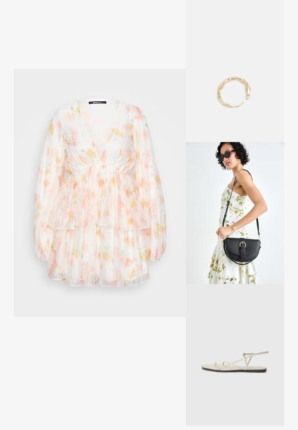 Gėlių rašto suknelė su giliu V iškirpimu, ilgomis pūstomis rankovėmis ir sluoksniuota, volanų dizainu. Permatoma, lengva medžiaga švelnių pastelinių atspalvių.; Bežiniai plokšti sandalai su keliais lieknais dirželiais ir reguliuojamu užsegimu. Padas plokščias, su lengvu tamsiu kontrastu krašte.; Juodas odinis krepšys su išlenkta forma, nuimamu dirželiu ir auksiniais detalėmis. Krepšys turi kilpą su sagtimi.; Auksinės spalvos žiedas, turintis organišką, sukimosi dizainą su lygiu paviršiumi ir siaurėjančiais galais, sukuriantis modernią skulptūrinę išvaizdą.
