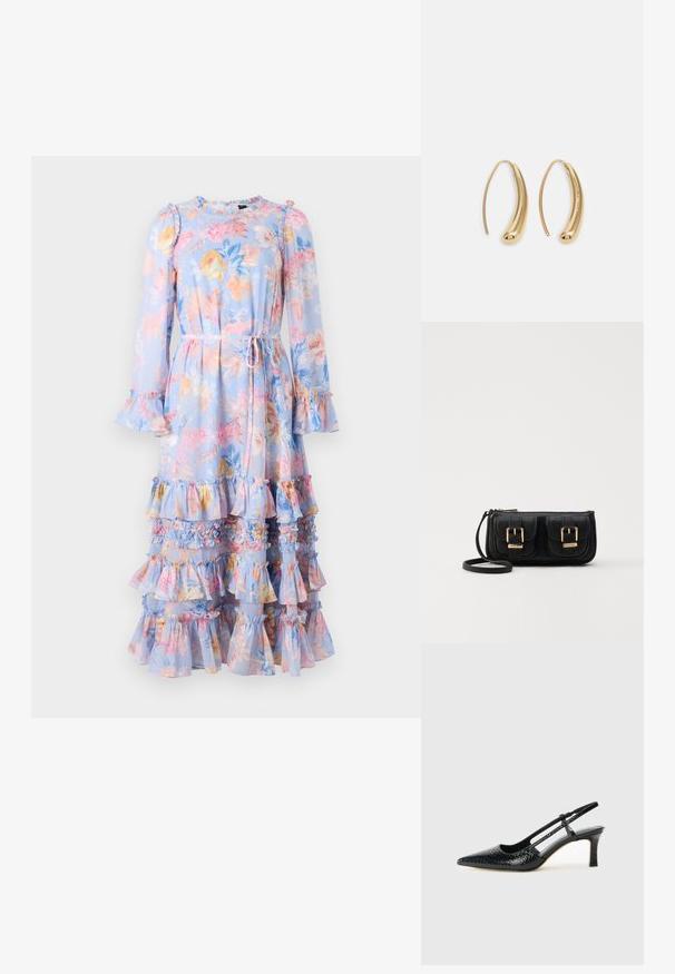 Abito lungo a maniche lunghe fiorato in azzurro chiaro con maniche volants e balze a strati. Presenta una cintura in vita e un vivace motivo floreale in colori pastello.; Slingback con tacco in vernice nera con punta affusolata, caratterizzato da una stampa a serpente testurizzata, cinturino regolabile e un tacco corto e testurizzato.; Borsa a tracolla nera in pelle con due tasche frontali, fibbie dorate, chiusura con zip e una tracolla sottile. Superficie texturizzata e forma rettangolare compatta.; Orecchini a cerchio in metallo color oro con forma curva ed allungata. Presentano una superficie liscia e lucida e una punta arrotondata per un tocco di dettaglio in più.