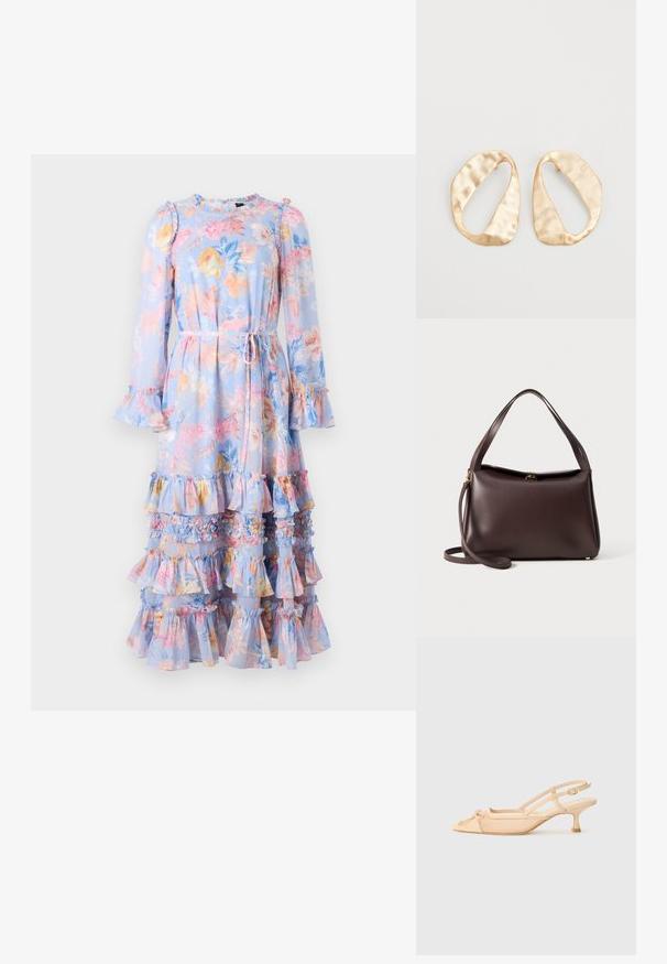 Világos kék, virágos, hosszú ujjú ruha fodros ujjakkal és réteges rojtokkal. Övvel rendelkezik, amely kiemeli a derekat, és élénk pasztell színű virágmintával díszített.; Stuart Weitzman KITTY - Klasszikus sarkú cipők - beige/barely beige; Barna bőr kézitáska, amelynek strukturált formája van, egyetlen felső fogantyúval és levehető vállpánttal. Aranyszínű fém részletezés.; Egy pár szabálytalan, ovális formájú, aranyszínű fém fülbevaló, enyhén kalapált felülettel, fehér háttéren.
