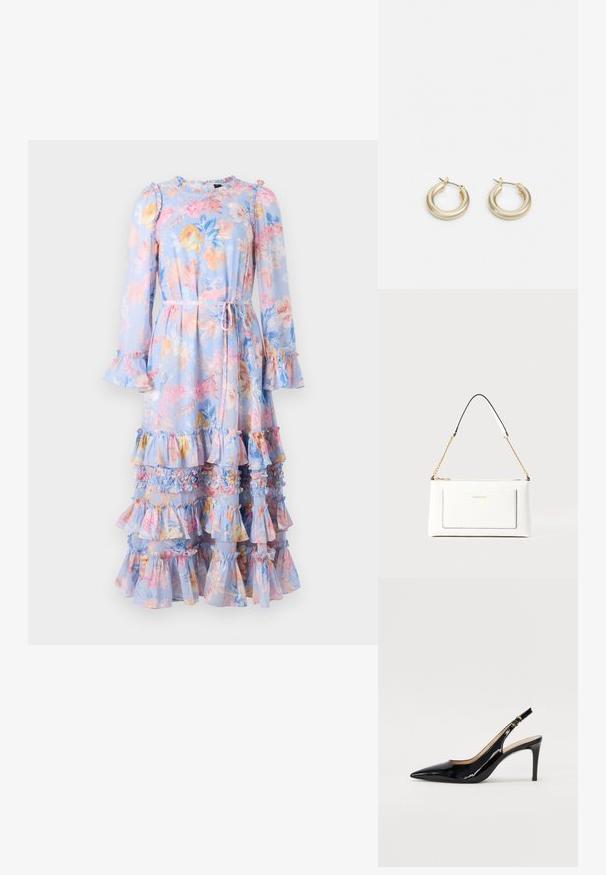 Vestido de mangas longas floral em azul claro com mangas assimétricas e babados em camadas. Apresenta um laço na cintura e um vibrante padrão floral em cores pastéis.; Sandal com salto em verniz preto, bico fino, salto esguio e um design de recorte subtil. Apresenta uma fivela dourada na alça.; Bolsa de mão branca em couro com acabamento texturizado, featuring a corrente dourada e detalhes pretos. Inclui um bolso frontal e fecho com zipper.; Lauren Ralph Lauren BASIC SMALL HOOP - Brincos - gold-coloured