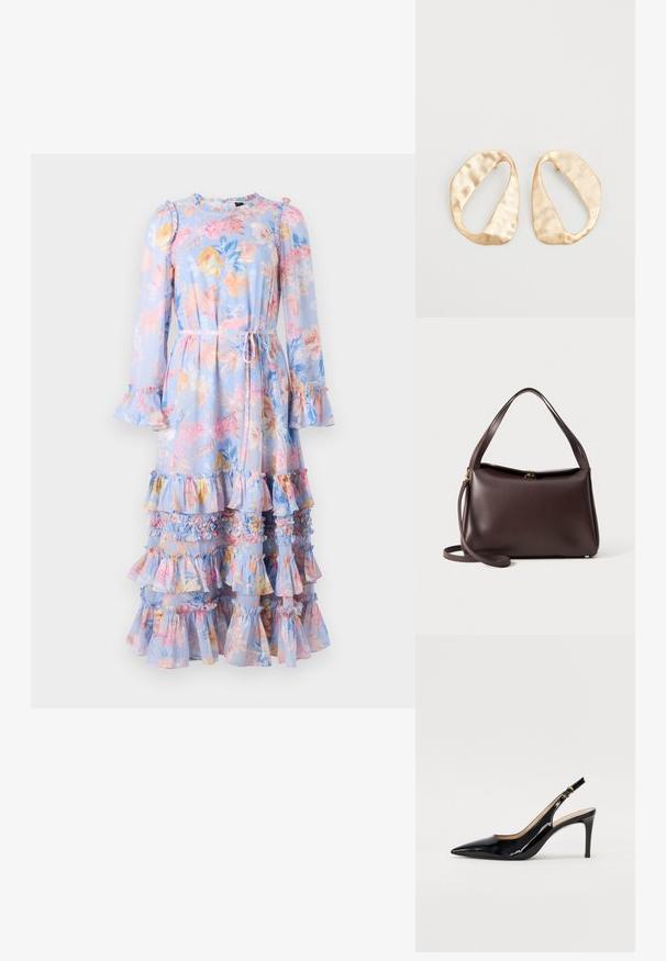 Květinové šaty s dlouhým rukávem v světle modré barvě s volánkovými rukávy a vrstvenými volány. Mají pás na zavázání v pase a živý květinový vzor v pastelových barvách.; Černé lakované slingback lodičky s špičatou špičkou, úzkým podpatkem a jemným výřezem. Obsahují zlatou sponu na řemínku.; Hnědá kožená kabelka se strukturovaným tvarem, vybavená jedním horním madlem a odnímatelným ramenním popruhem. Kování v zlatém odstínu.; Pár nepravidelných oválných náušnic z kovu pozlaceného zlatem s texturovaným, mírně kladivkovým povrchem na bílém pozadí.