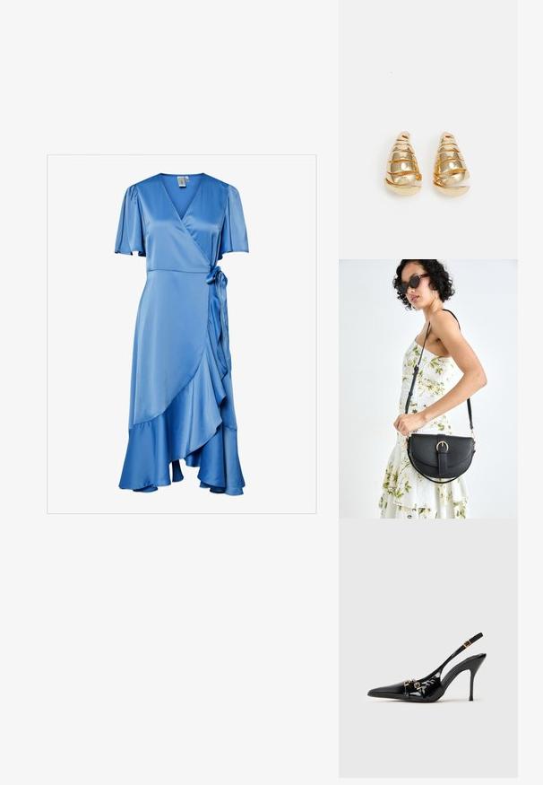 Rochie din satin albastru, cu mâneci scurte cu pliuri, decolteu în V, cu un cordon la talie și un tiv ondulat pentru un plus de textură.; Papuci din piele patentată neagră cu toc înalt, cu vârf ascuțit, accente aurii și un design elegant.; Geantă din piele neagră, cu o formă curbată, curea detașabilă și accesorii aurii. Geanta are un capac cu un detaliu tip cataramă.; Cercei cu tonuri de aur, în formă de conuri alungite, cu detalii spiralate. Suprafață netedă cu finisaj reflectant, având accente curbe.