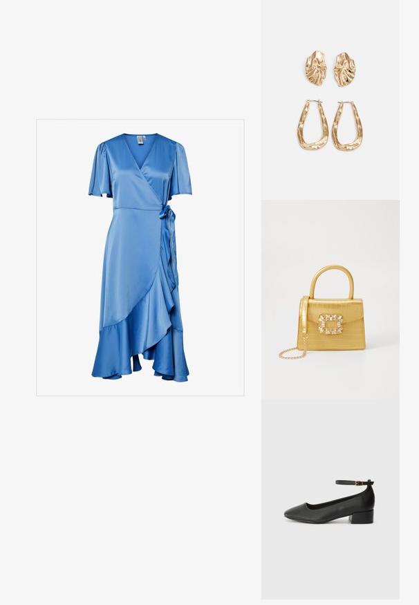Siniväri satiinist wrap-kleit lühikeste lendlevate varrukatega, V-kaelusega, vöökohal sidumisrihmaga ning rippuva äärisega, et lisada tekstuuri.; Mustat nahkakengät, joissa on terävä kärki ja matala lohkare korko. Varustettu nilkkahihnalla, jossa on kultasävyinen solki. Lisää sileä pinta.; Keltainen keinonahkainen krokotiililaukku, jossa on jämäkkä muotoilu, yläkahva, irrotettava ketjusanka ja koristeellinen kristallikoristelu lukossa.; Korukultainen korvakorut, joissa on teksturoituja, aaltoilevia muotoja. Mukana on veistokselliset klipsikorvakorut ja avoin rengasmalli, jossa on vasaroitu pinta.