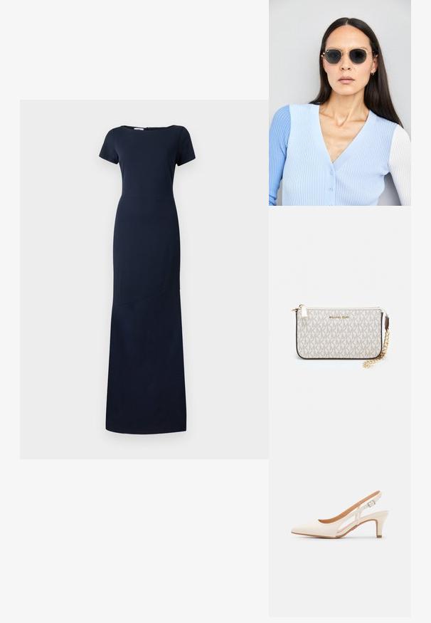Rochie bleumarin, cu mânecă scurtă, cu decolteu rotund și siluetă lungă, dreaptă. Material neted, uniform, cu un fermoar invizibil la spate.; Sandaie cu toc alb, cu vârful ascuțit, material superior neted, toc mic tip bloc și design cu decupaj lateral, cu curea ajustabilă.; Ochelari de soare rotunzi cu lentile întunecate și rame aurii. Modelul poartă un cardigan ribbed de culoare albastru deschis cu nasturi și mâneci albe în contrast.; Clutch Michael Kors din canva acoperit bej, cu un model repetitiv al logo-ului MK, accesorii din aur și o curea cu lanț detașabil.