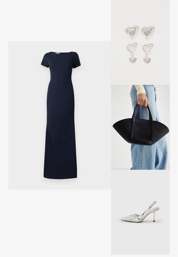 Mornarsko plava haljina kratkih rukava s okruglim izrezom i dugim, ravnim siluetom. Glatka, uniformna tkanina s nevidljivim patentnim zatvaračem na leđima.; Srebrna slingback salonska cipela s oštrim prstom, metalik završnom obradom, dva dekorativna remena i vitkim potplatom s crnim vrhom.; Crna kožna torba jedinstvenog oblika ventilatora, s ravnim ručkama. Površina ima teksturu sličnu šljunku i minimalistički dizajn.; Srebrne naušnice u obliku srca imaju fasetirane prozirne kamenčiće, s teksturiranim okvirom. Set uključuje naušnice na dugme i viseće stilove.