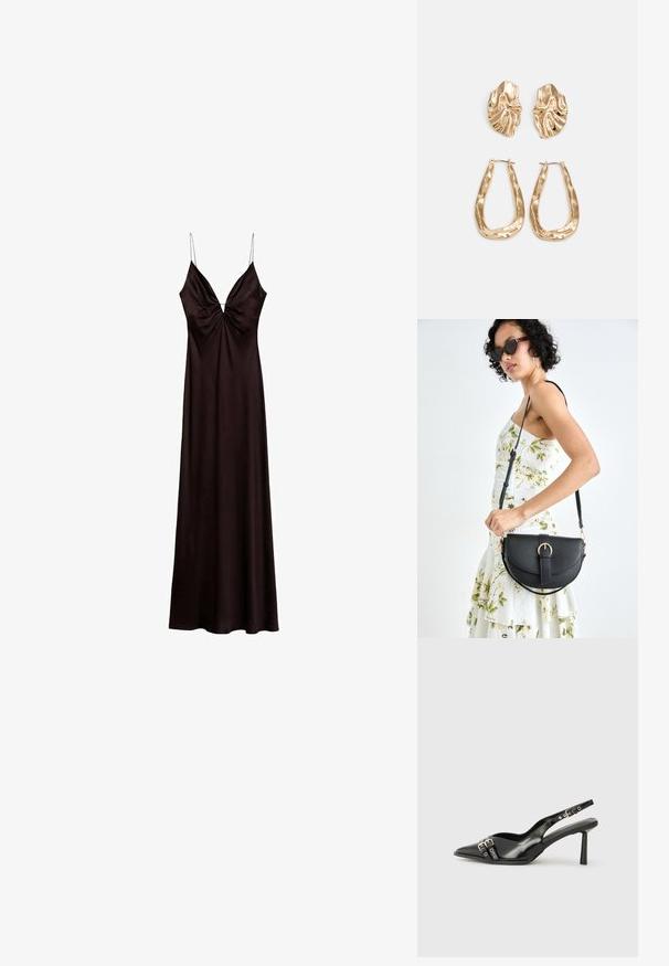 Saténové černé šaty s hlubokým výstřihem do V, tenkými nastavitelnými ramínky a nařaseným předním detailem, splývajícími do dlouhého lemu.; Černá lakovaná slingback obuv s špičatou špičkou, kotníkovými pásky s kovovými sponami a příslušenstvím, a štíhlým podpatkem.; Černá kožená kabelka s křivkovým tvarem, odnímatelným popruhem a zlatými detaily. Kabelka má klopu s přezkou.; Náušnice ve zlatém tónu s texturovanými, vlnitými tvary. Obsahují sochařské klipy a design otevřeného kruhu s kladivkovým povrchem.