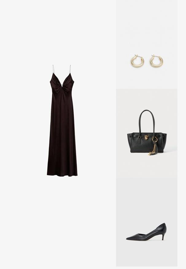 Saténové čierne šaty s hlbokým výstrihom do V, tenkými nastaviteľnými ramienkami a zberaným detailom vpredu, splývajúce až po dĺžku hem.; Čierny kožený lodička s špičatou špičkou a nízkym opätkom. Má hladkú textúru a jemný lesk. Vpredu je otvorený výrez pre zvýraznenie detailu.; Čierna kožená kabelka s dvojitými uchami, zlatým zámkom a reťazovým detailom, a čierno-bielym strapcom na bielom pozadí.; Lauren Ralph Lauren BASIC SMALL HOOP - Náušnice - gold-coloured