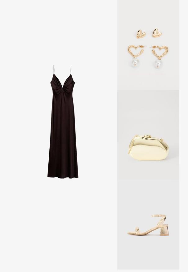 Rochie din satin neagră cu decolteu adânc în V, bretele subțiri ajustabile și detaliu plisat în față, curgând până la un tiv lung.; Sandal cu toc metalizat auriu, cu un toc bloc unghiular, două curele deasupra piciorului și o curea ajustabilă la gleznă. Textură netedă.; Clutch metalizat de culoare aurie, cu o formă netedă și rotundă, având un închizător tip buton în partea de sus și o curea mică pentru purtare.; Cercei în formă de inimă, aurii, cu un finisaj texturat, având un accent de perlă suspendat. Include cercei cu mărgărită asortați în formă de inimă.