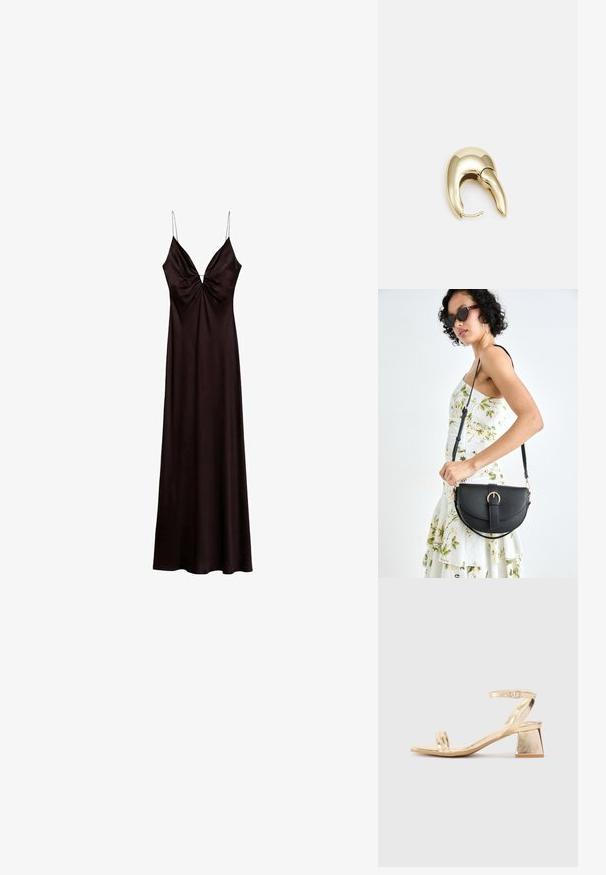 Satin-schwarzes Kleid mit tiefem V-Ausschnitt, dünnen verstellbaren Trägern und gerafftem Vorderteil, das bis zum bodenlangen Saum fließt.; Goldene metallische Sandale mit Absatz in Blockform, zwei Riemen über dem Fuß und einem verstellbaren Knöchelriemen. Glatte Textur.; Schwarze Lederhandtasche mit geschwungener Form, abnehmbarem Tragegurt und goldenen Beschlägen. Die Tasche verfügt über einen Deckel mit einer Schnallen-Details.; Ohrringe aus goldfarbenem Metall mit einem schlanken, geschwungenen Design. Sie verfügen über eine markante, spitze Form, eine polierte Oberfläche und einen Scharnierverschluss.