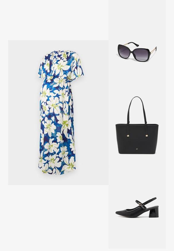 Maxi šaty s krátkymi rukávmi, s bielym základom a kvetinovým vzorom v modrej a zelenej farbe. Zúžený pás pre uvoľnený strih.; Čierne lakované kožené lodičky so slingback dizajnom, špicatou špičkou, zaobleným výrezom a blokovým podpätkom. Obsahuje akcent zlatého tónu s prackou.; Čierne oversized slnečné okuliare s gradientovými sklíčkami, hrubými rámami a zlatým retiazkovým detailom na stranách.; Čierna taška na rameno vyrobená z syntetického materiálu, s jednoduchým obdĺžnikovým dizajnom, zlatými štvorcovými akcentami a dvojitými uchami.