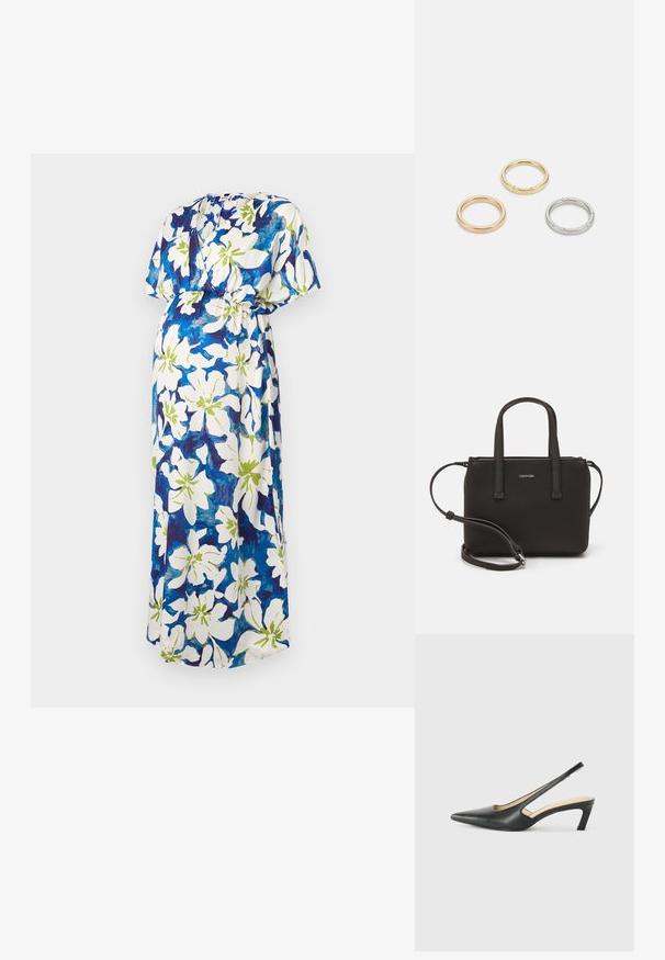 Maxi dress with short sleeves, featuring a white base and a floral pattern in blue and green. Gathered waist design for a relaxed fit.; Black pointy-toed slingback shoe with a low heel, featuring smooth leather material and cut-out design on the side for breathability.; Black handbag with dual short handles and a removable shoulder strap. Smooth leather-like material with a zip closure and logo detail.; Three metal rings: one rose gold, one gold with textured accents, and one silver, all with engraved branding on the inner band.
