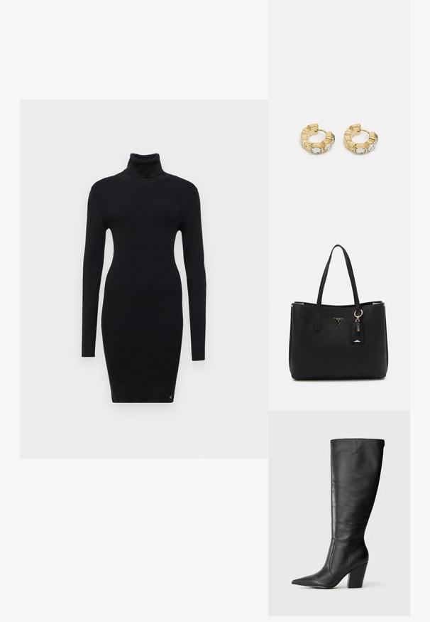 Vestito nero a coste con collo alto e maniche lunghe, caratterizzato da una vestibilità aderente e una leggera elasticità per il comfort. Nessun motivo visibile o accessori.; Stivale in pelle nera al ginocchio con punta affilata e tacco alto spesso, mostrato in profilo laterale sinistro su sfondo bianco.; Borsa tote nera realizzata in materiale sintetico testurizzato, dotata di due manici, una placca con logo dorato e un piccolo cartellino con un dettaglio di accentuazione.; Orecchini a cerchio in oro con un design testurizzato e tre accenti di cristalli trasparenti su un lato, che offrono un'estetica geometrica moderna.