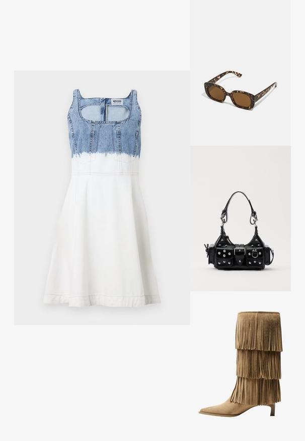 MOSCHINO JEANS Haljina od trapera - multi ice; Kratka čizma od tan sueda s tri sloja rese. Oštri vrh i niska blok peta. Glatka tekstura kroz cijelu čizmu.; Tortoiseshell naočale s okvirima u obliku kruga i debelom konstrukcijom, te smešnim lećama. Imaju suptilne uzorke i ravne, sužene nogice.; Crna kožna torba s zakrivljenim dizajnom, koja sadrži srebrne zakovice, kopču i dva bočna džepa. Podesiva traka za različite opcije nošenja.