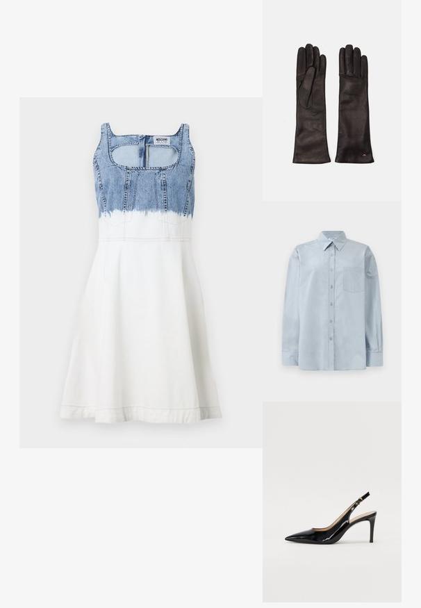 MOSCHINO JEANS Jeansklänning - multi ice; Ljusblå långärmad skjorta med knappar, spetsig krage och bröstficka, lagd platt på en vit bakgrund.; Svart patenterat läder slingback pumps med spetsig tå, smal klack och en subtil utskärning. Har en guldbuckle på remmen.; Weekend Max Mara SENAPE - Fingervantar - nero